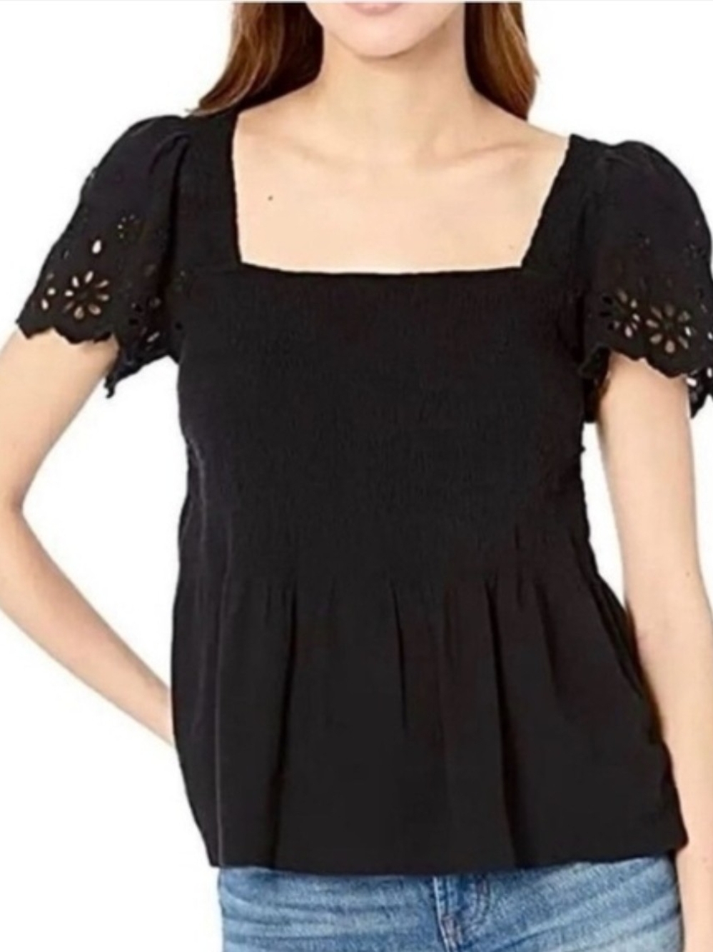 Madewell Black Square-Neck Puff Sleeve Eyelet Top